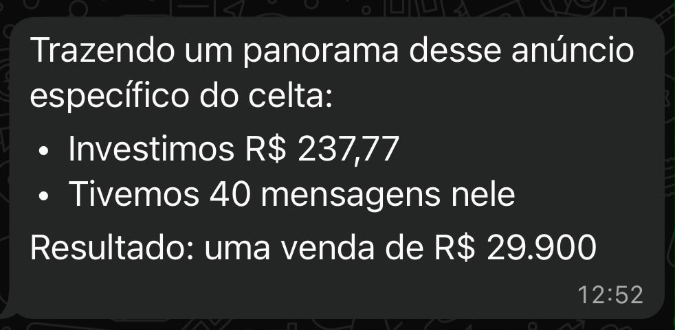 Print de resultado: Celta, investimento R$ 237,77, 40 mensagens, venda de R$ 29.900,00