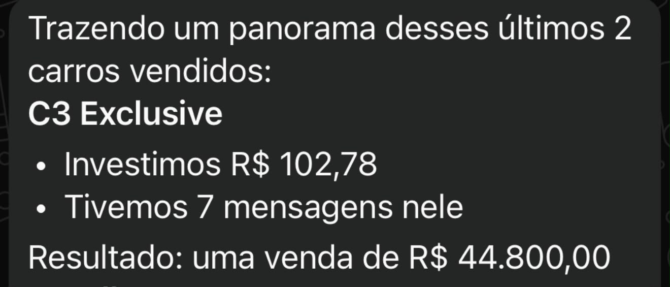 Print de resultado: C3 Exclusive, investimento R$ 102,78, 7 mensagens, venda de R$ 44.800,00