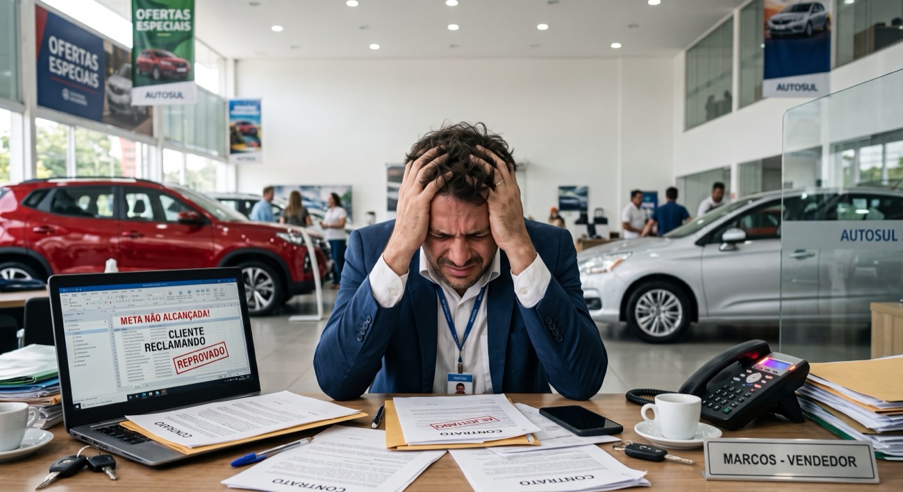Vendedor de carro estressado, com as mãos na cabeça, na loja