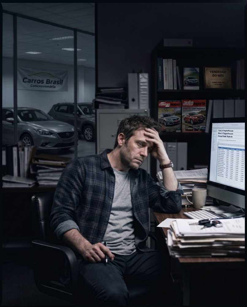 Vendedor de carro estressado, sozinho no escritório